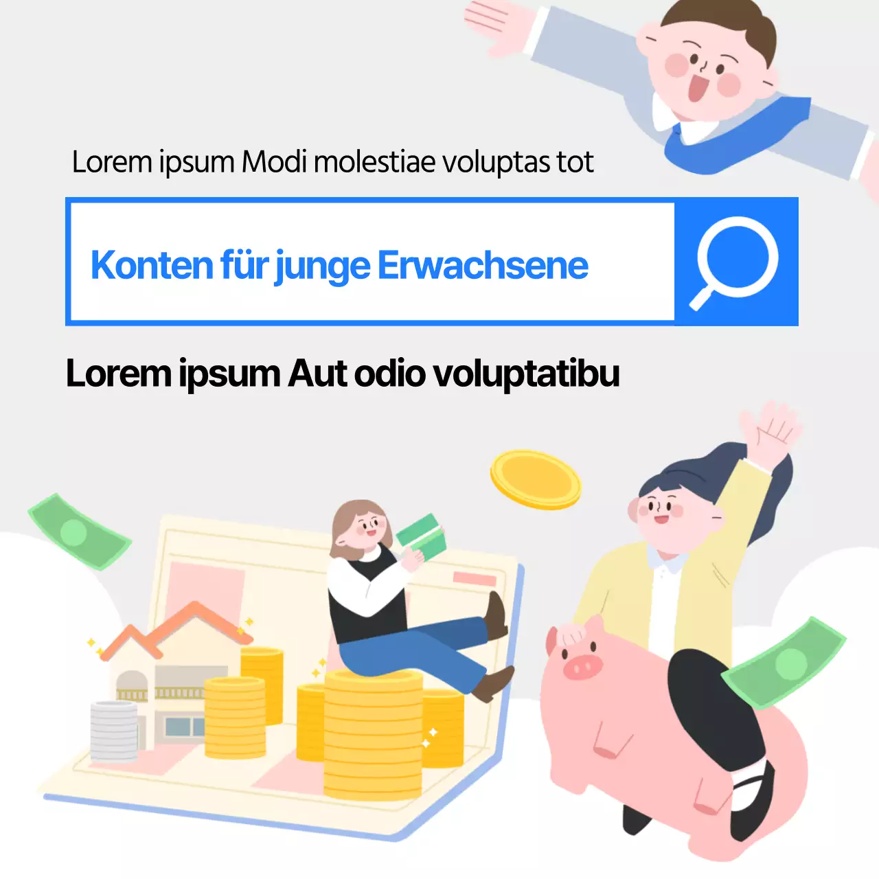 Blau-weiß illustriertes Werbematerial für Young Adult Accounts