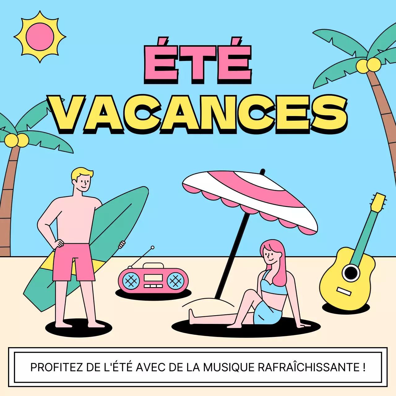 Faire-part de vacances d'été kitsch en jaune et bleu clair