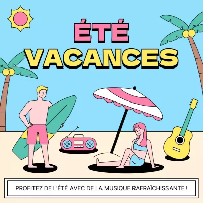 Faire-part de vacances d'été kitsch en jaune et bleu clair