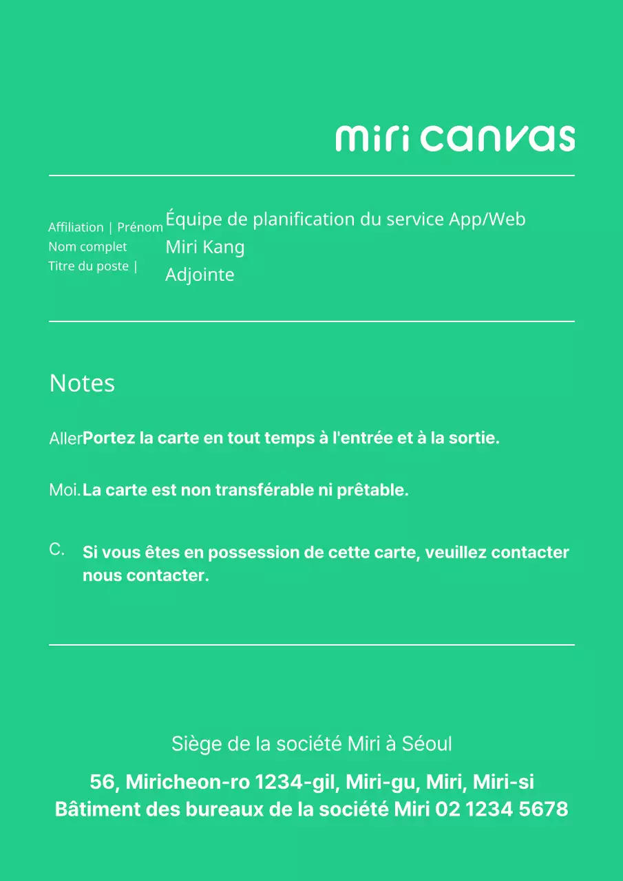 Carte d'employé simple et basique avec des accents blancs et verts