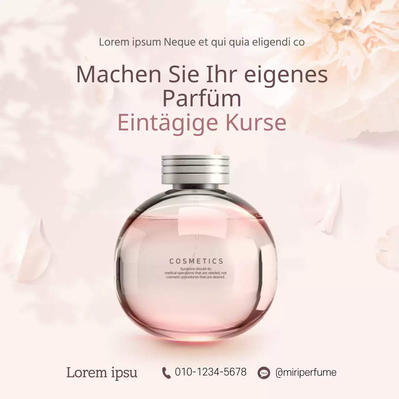 Werbedesign für einen eintägigen Kurs zur Herstellung eines eigenen Parfums in hellen Rosatönen