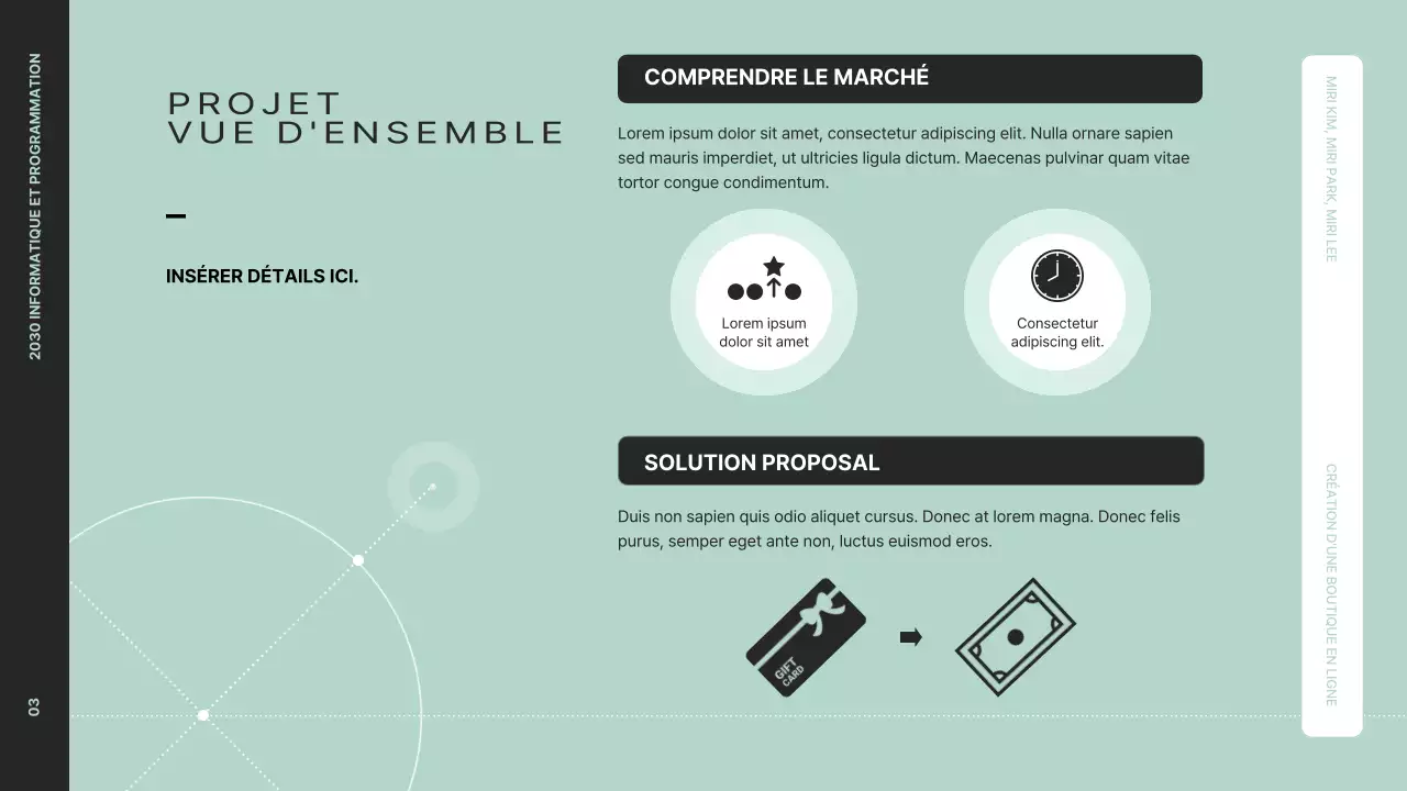 Présenter une vue d'ensemble claire du projet avec des graphiques en noir et menthe