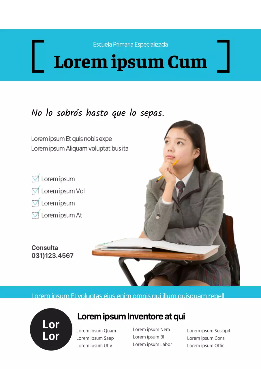 Promover un centro preescolar especializado en primaria con dibujos amarillos y azules de niños estudiando.