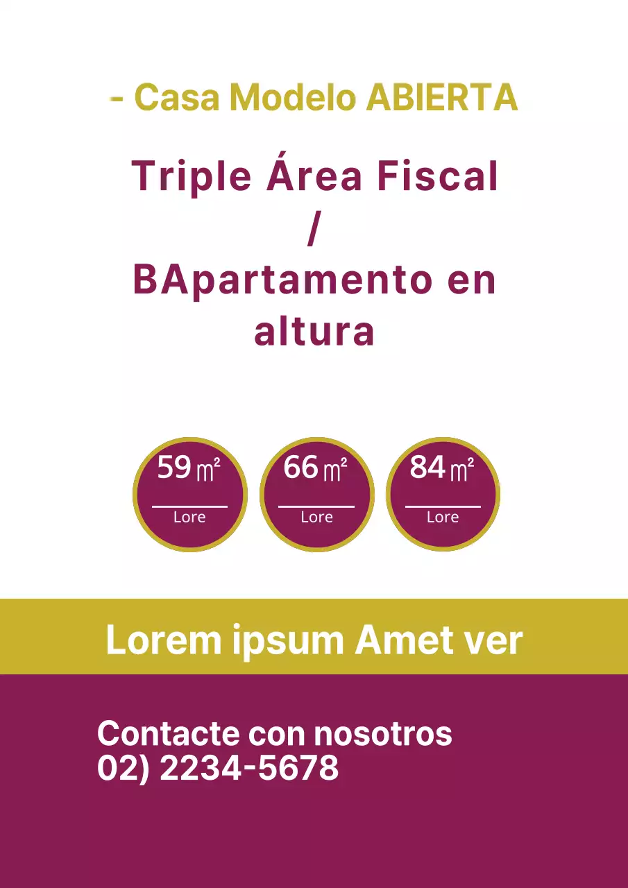 Folleto sencillo de venta de obra nueva en dorado y morado