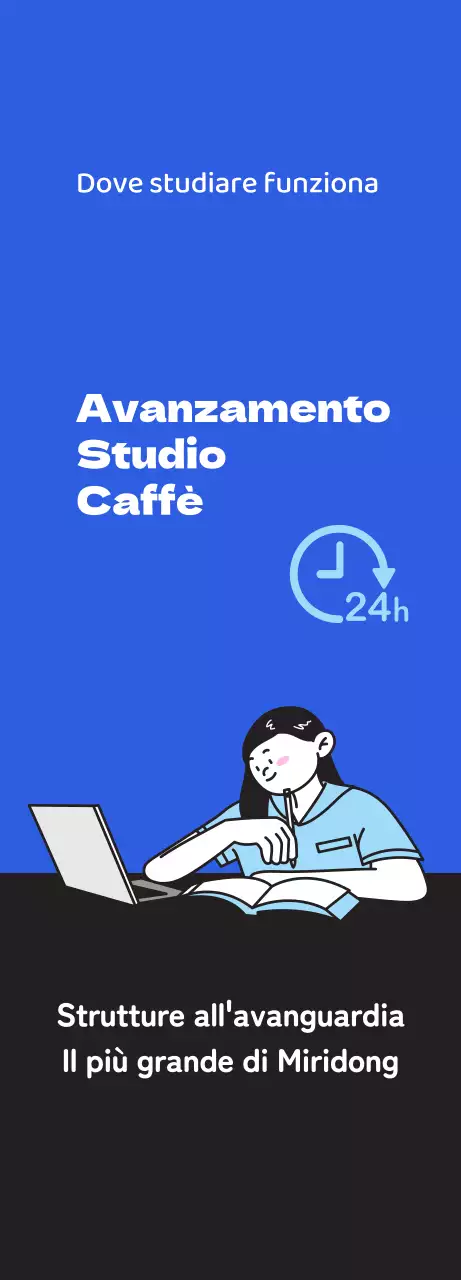 Promuovete un bar per lo studio pulito con l'illustrazione di uno studente che studia su uno sfondo blu.
