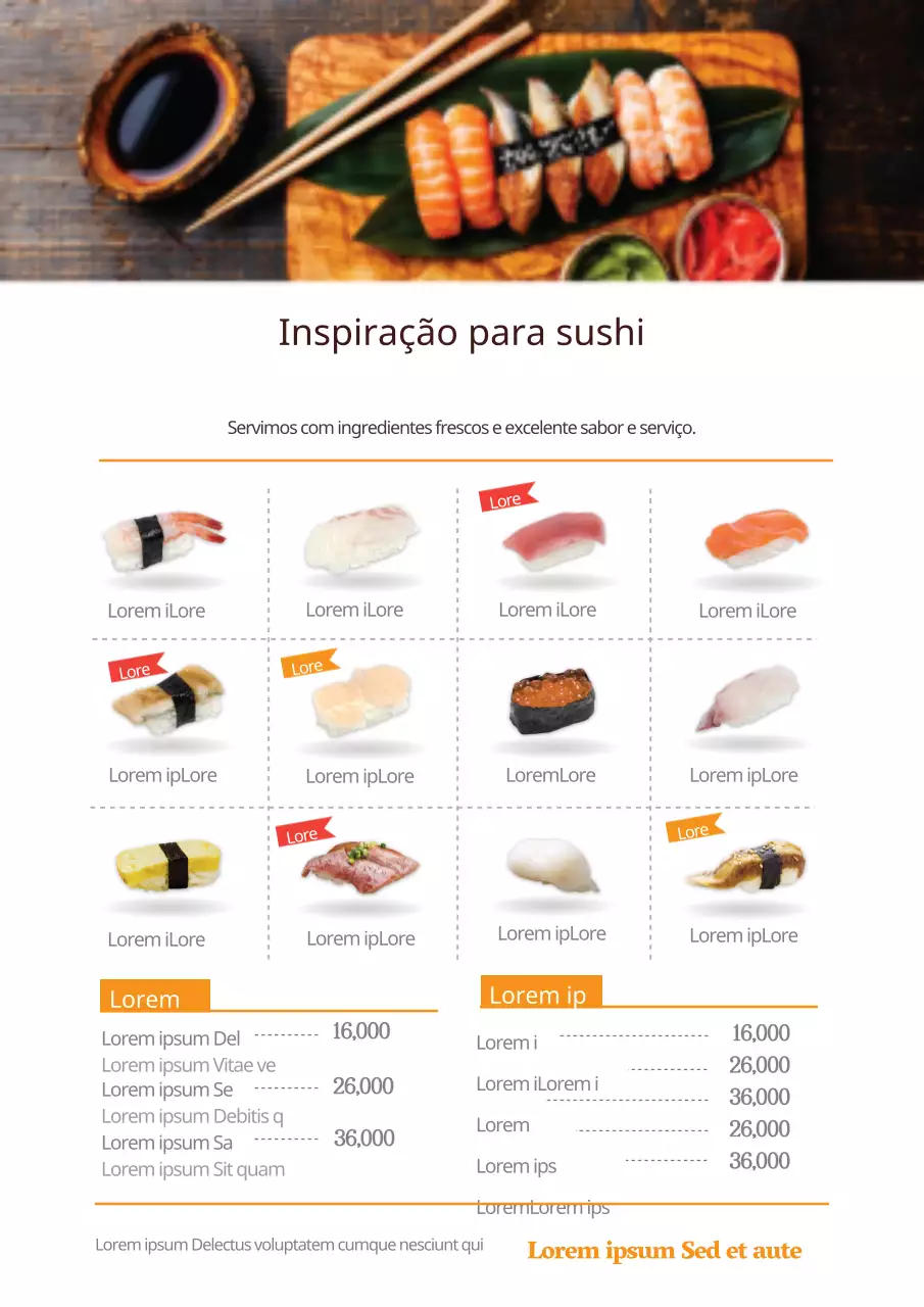Menu de restaurante de sushi com imagens de sushi laranja