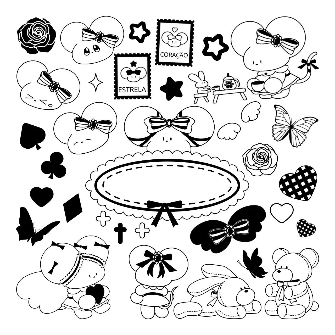 Personagens e decorações de ratos bonitos e fofinhos a preto e branco