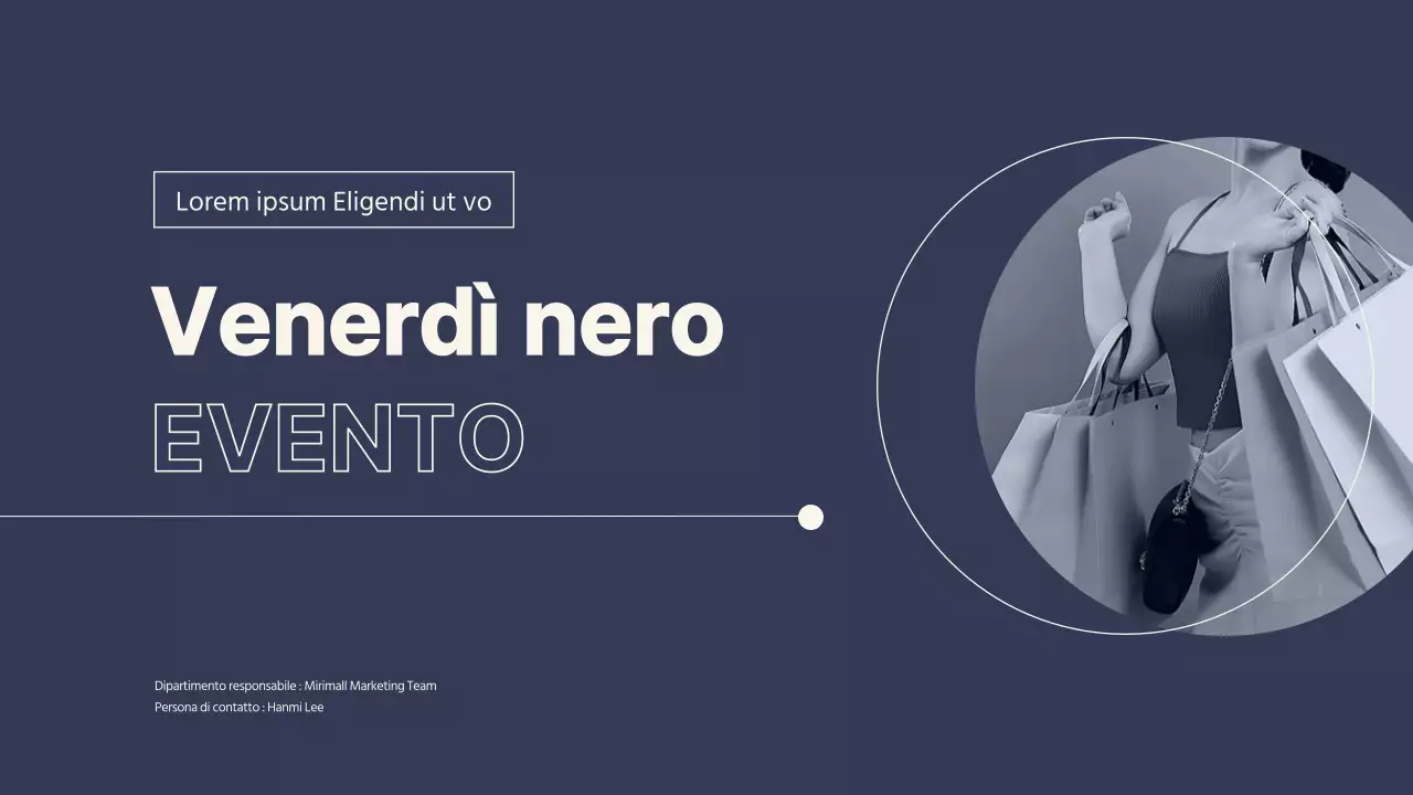 Organizzatore di eventi del Black Friday per un moderno centro commerciale in blu e beige