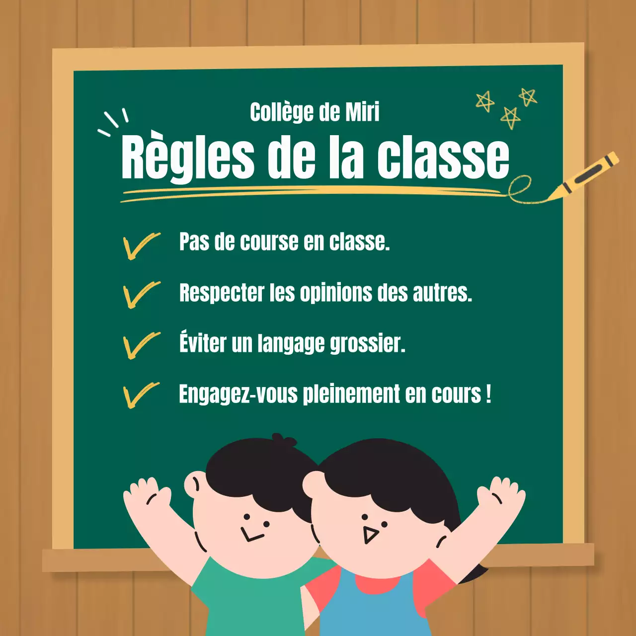 Avis de rentrée de l'école élémentaire sur fond de tableau noir marron et vert