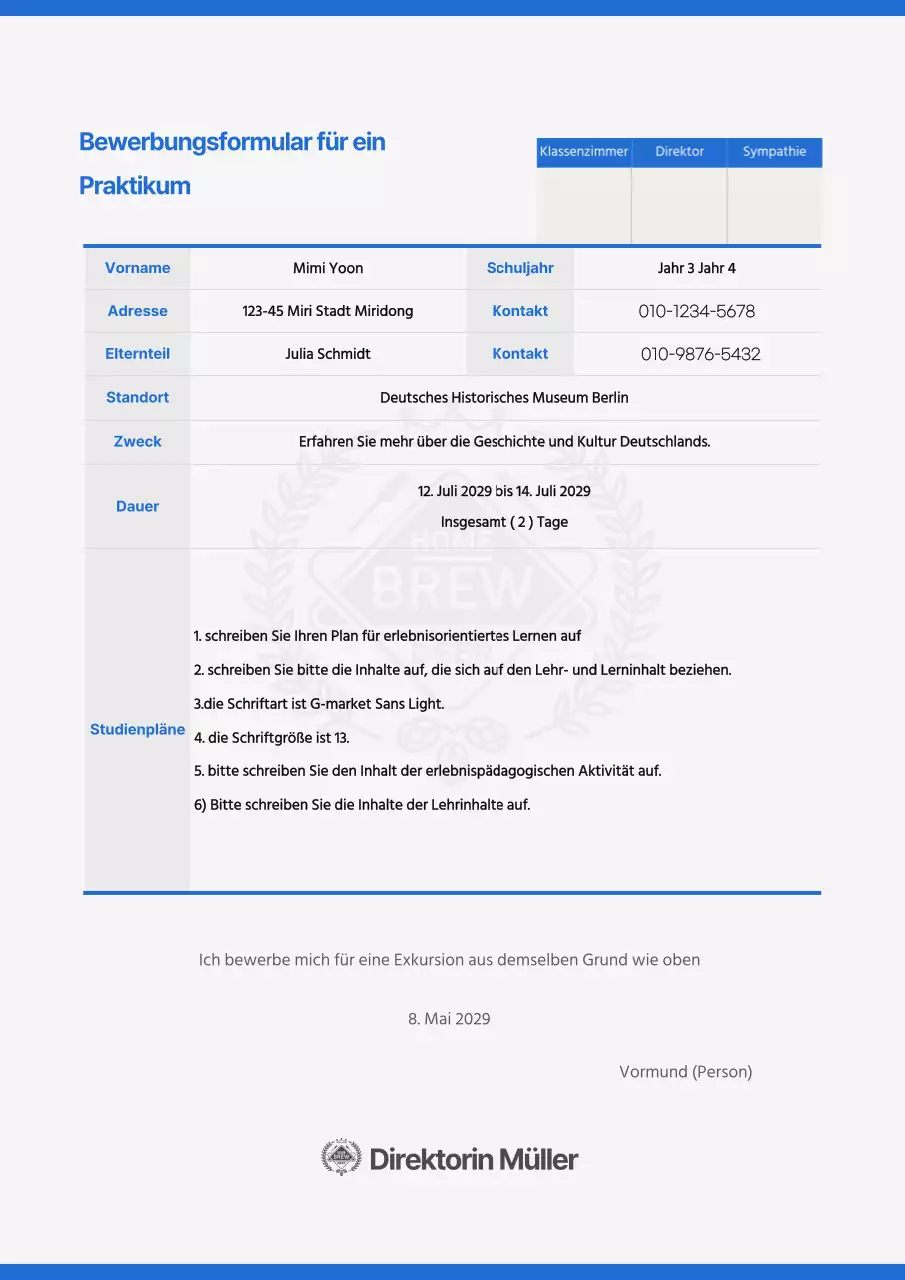 Einfaches blaues und weißes Bewerbungsformular für erfahrungsbasiertes Lernen