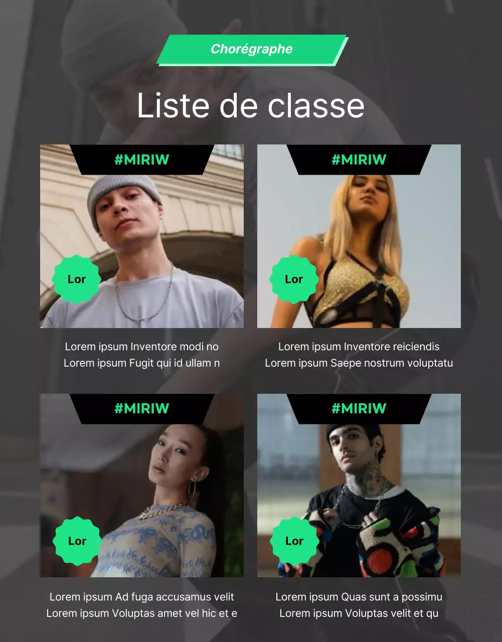 Détails de la classe pop-up de danse en noir et vert