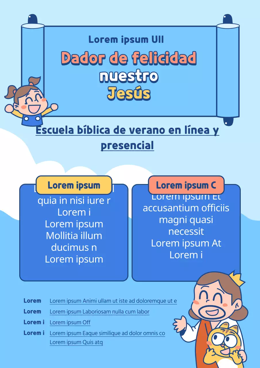 Promocione una Escuela Bíblica de Vacaciones en línea con ilustraciones de personajes sobre un fondo de océano azul.