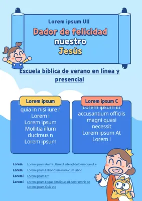 Promocione una Escuela Bíblica de Vacaciones en línea con ilustraciones de personajes sobre un fondo de océano azul.