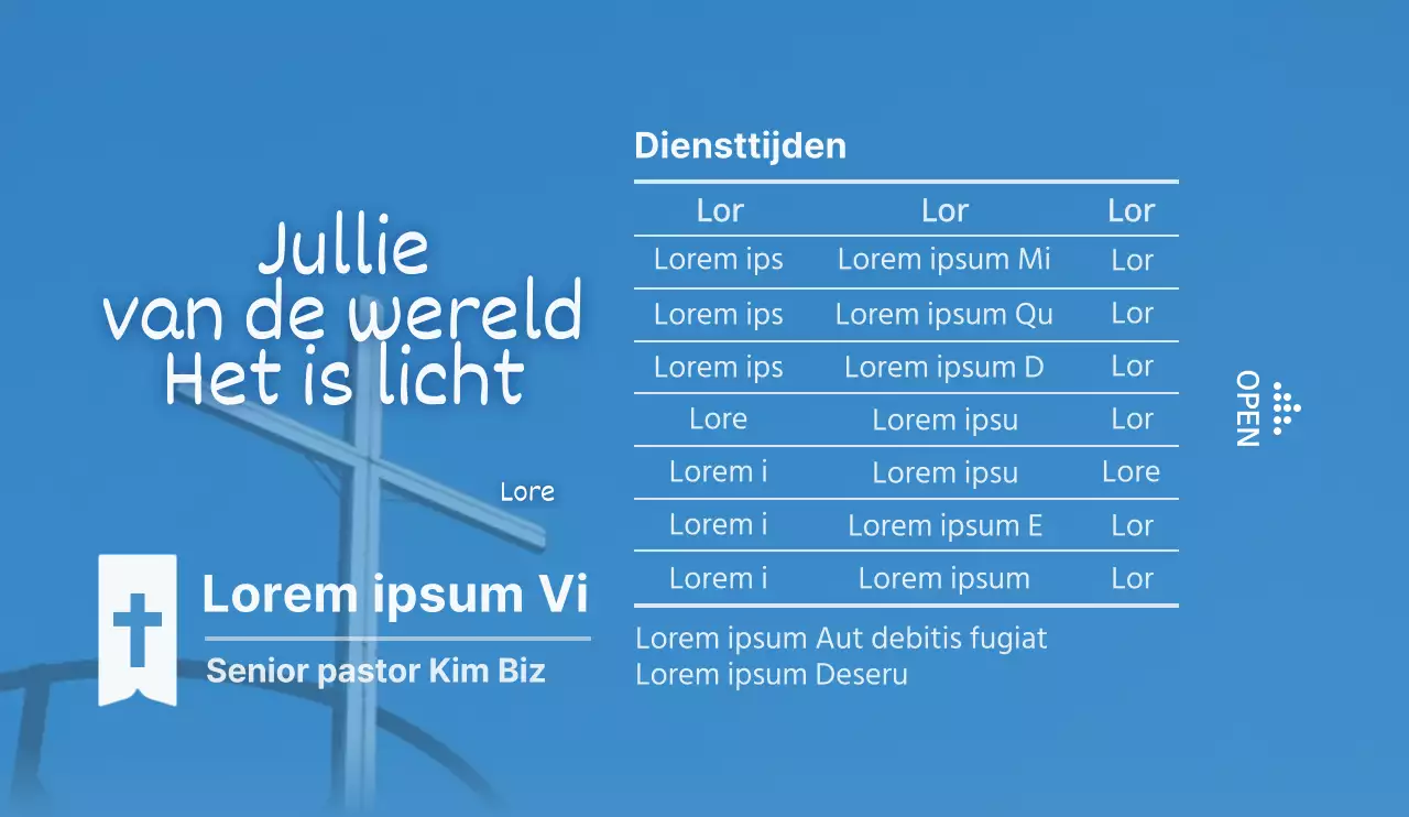 Voor het aankondigen en promoten van kerkdiensten in blauw en wit.