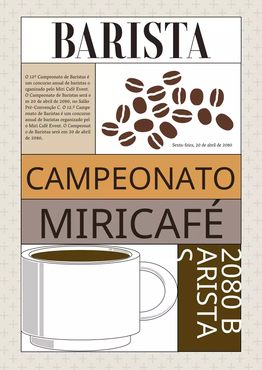 Campeonato de baristas com ilustrações de café em amarelo e castanho
