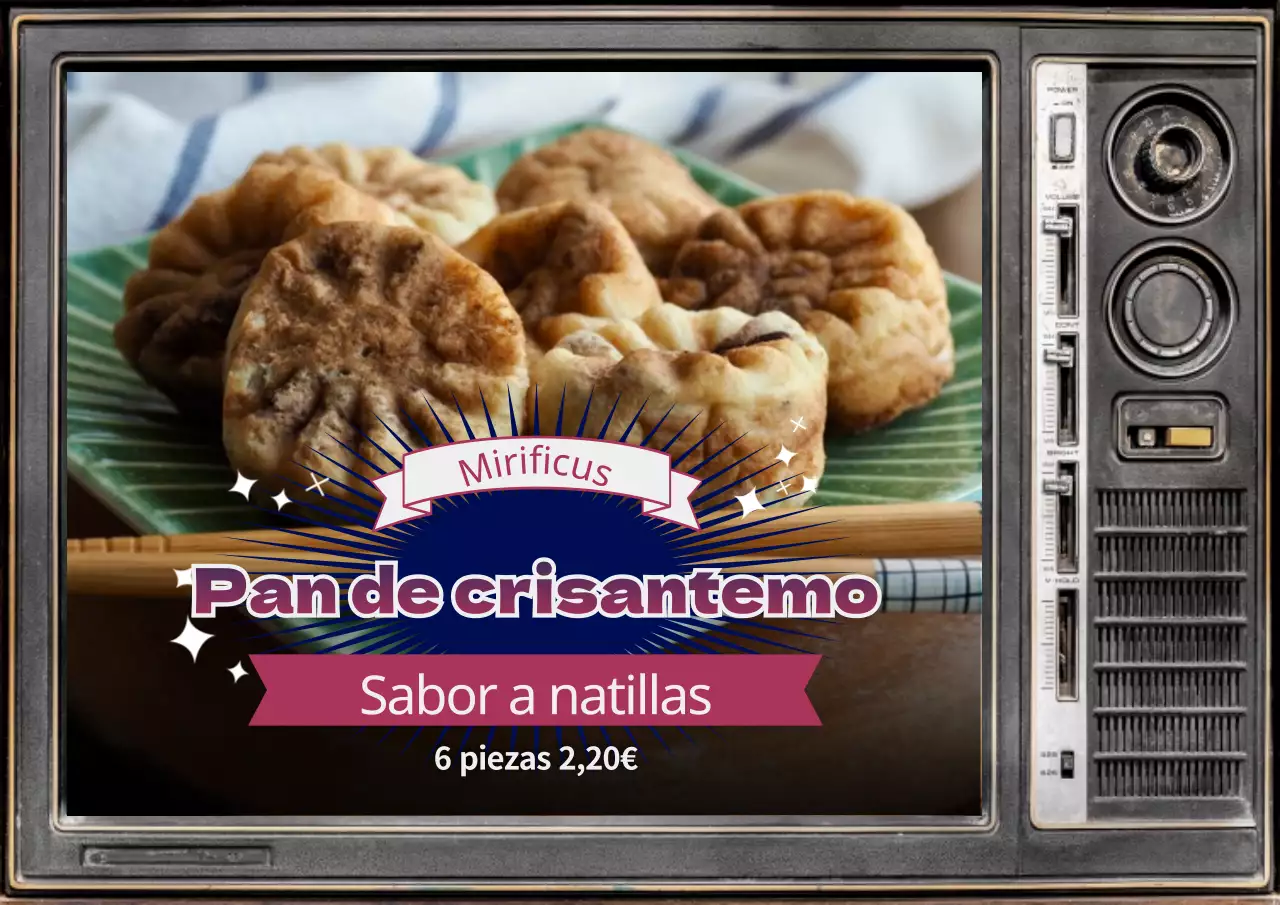 Bocadillos callejeros de pan de crisantemo con un fondo de televisión retro