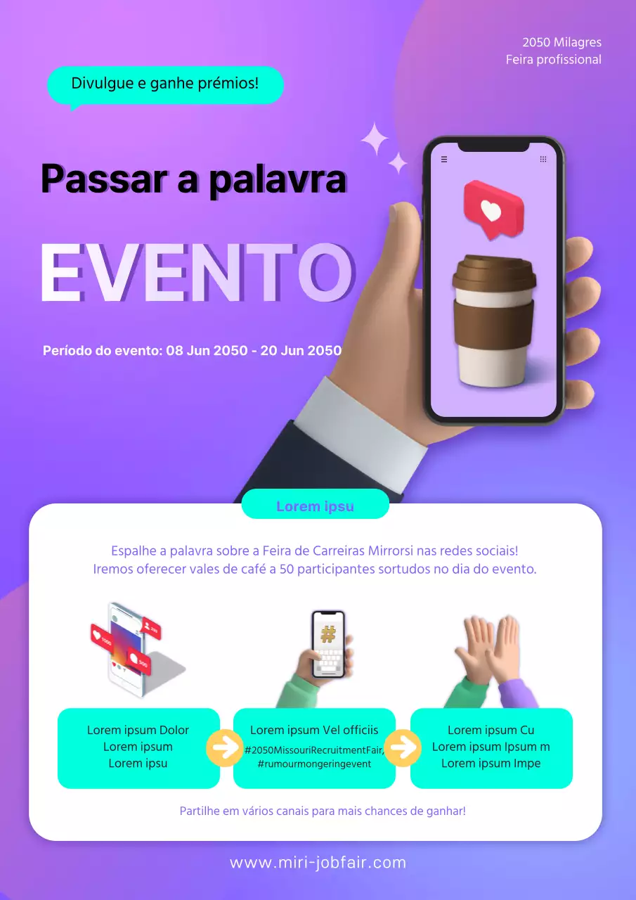 Evento de feira de carreiras ilustrado em 3D em roxo e menta
