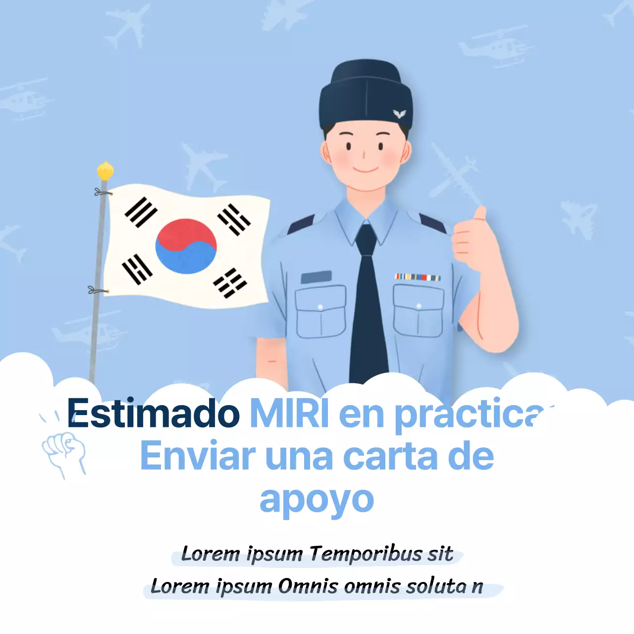 Letra de animación de cadete del Ejército del Aire en tonos azul claro