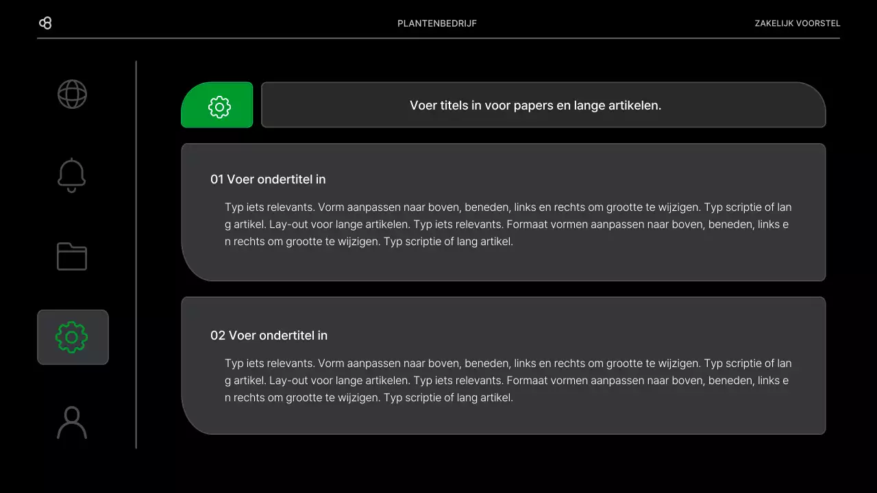 Zakelijk zakelijk voorstel in zwart en groen natuurlijk bladconcept