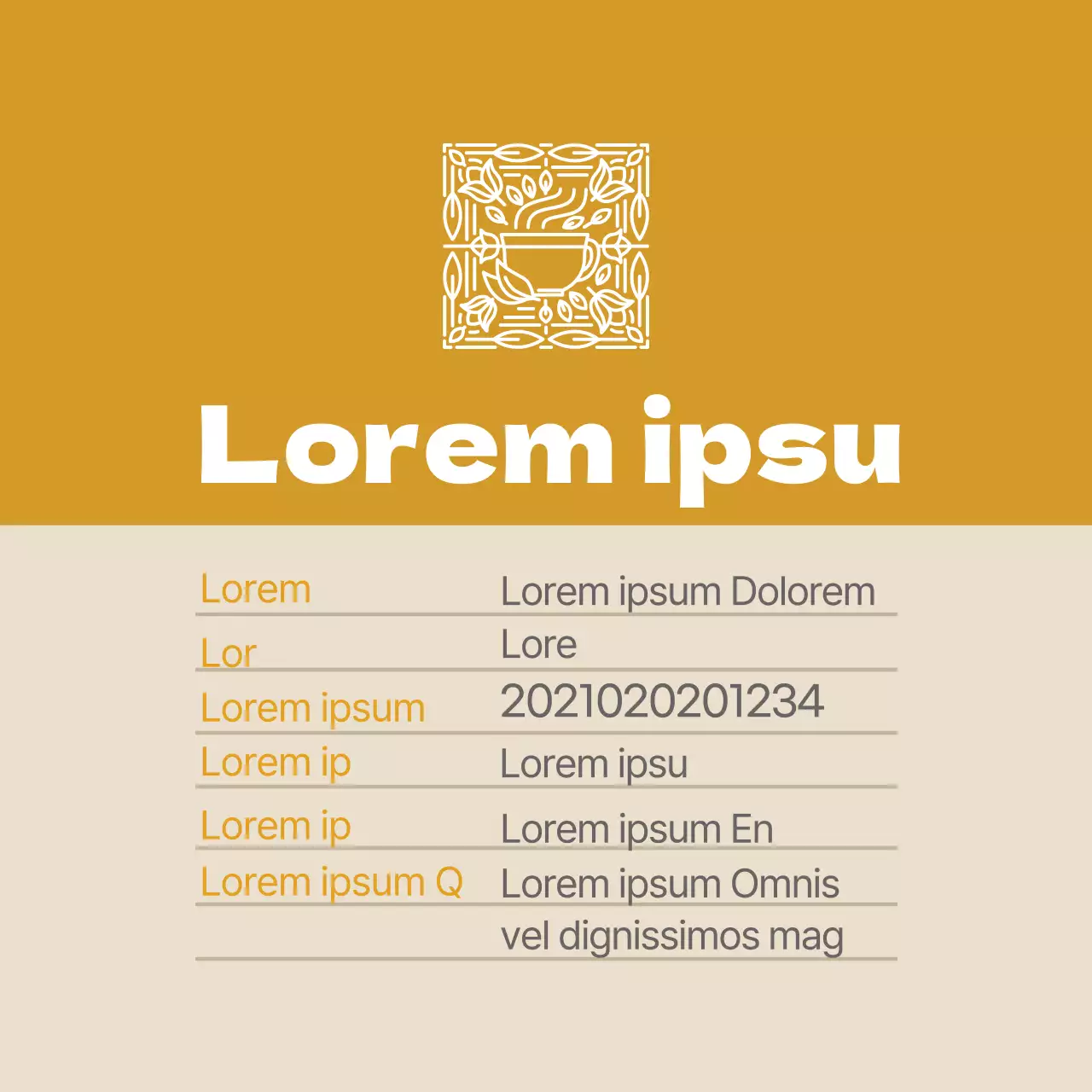 Logo ocre étiquettes détaillées de thé à la camomille clean food