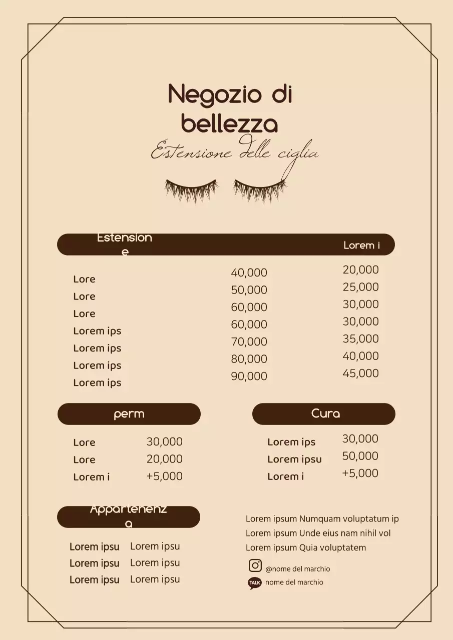 Menu di un negozio di bellezza pulito con illustrazioni in marrone