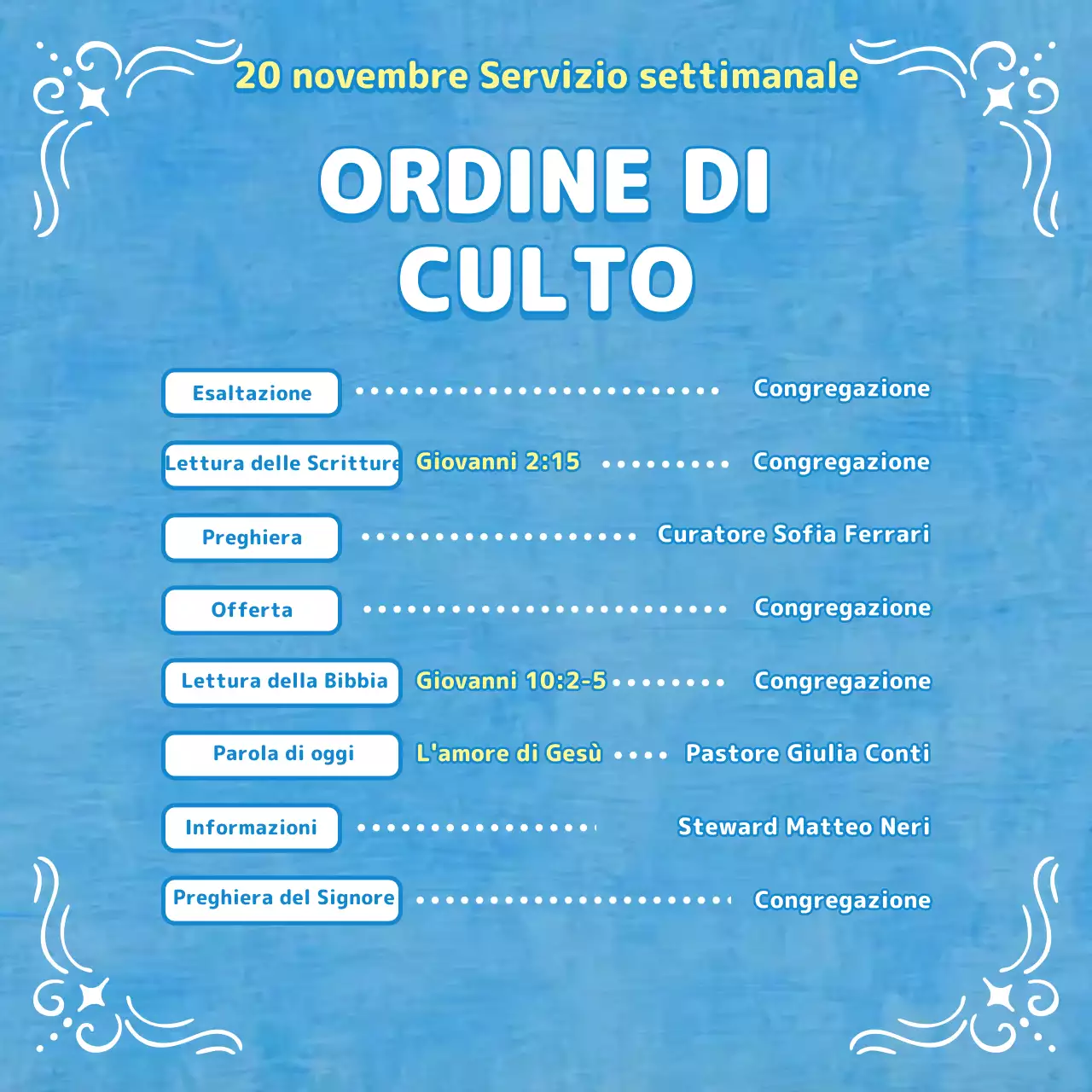 Bollettino di culto in tonalità blu chiaro con illustrazioni cristiane