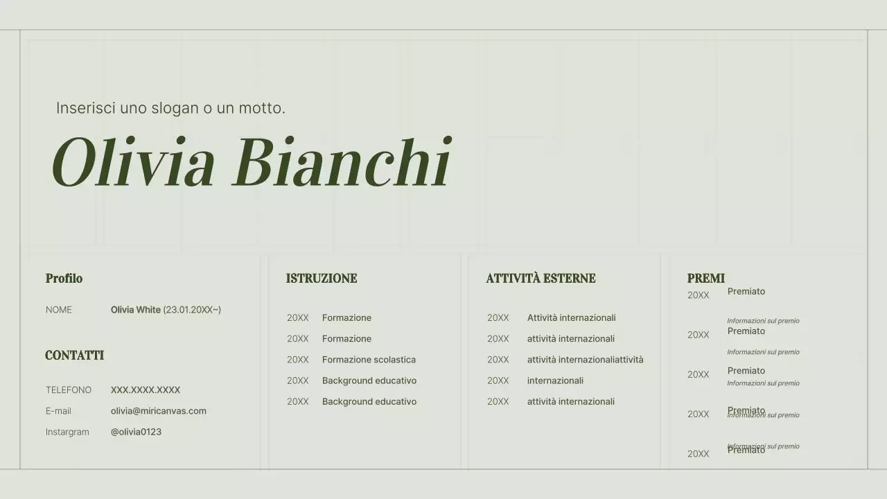 Il portfolio di un content marketer con un concetto di griglia verde e semplice