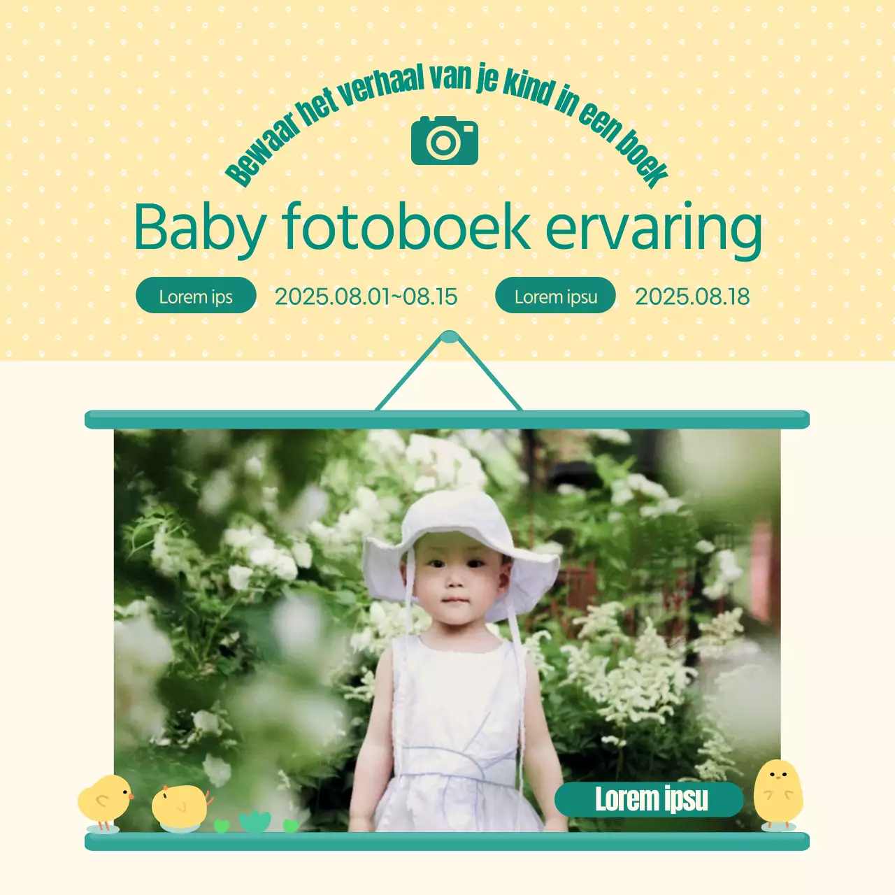 Geel en groen ingelijst baby fotoboek proefpersonen gezocht