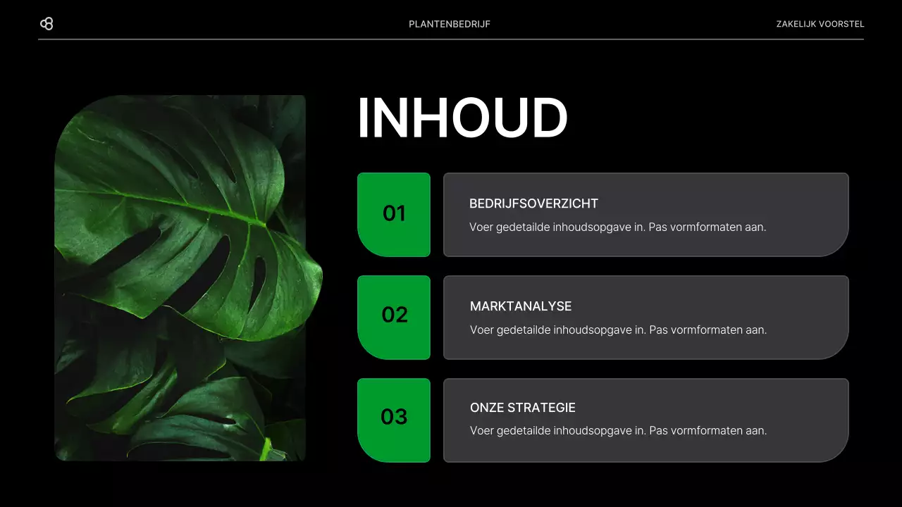 Zakelijk zakelijk voorstel in zwart en groen natuurlijk bladconcept