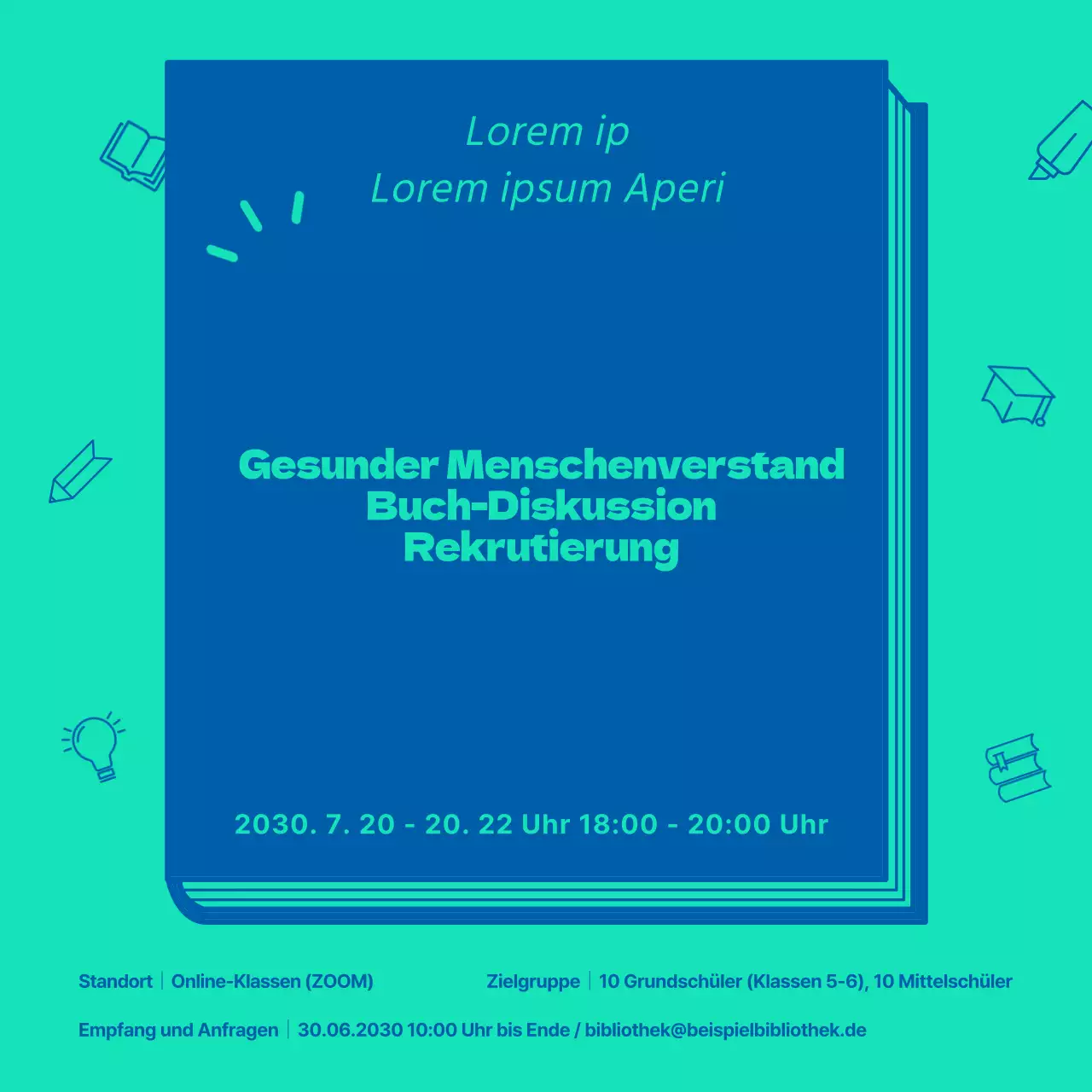 Eine einfache blaue und mintfarbene Diskussionsrunde über Bücher