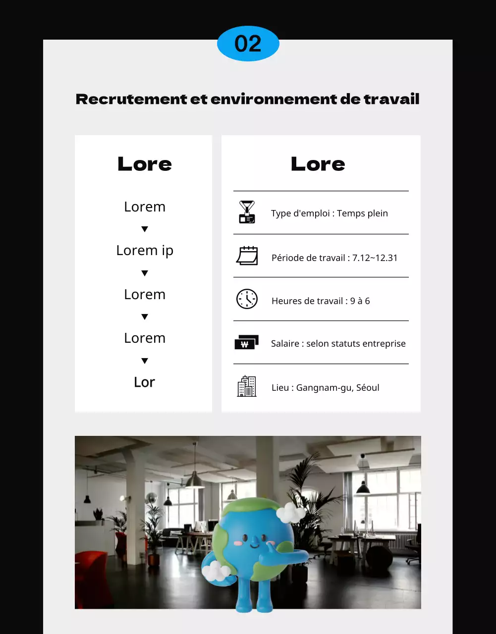 Bleu et noir, concept de brochure simple et épuré pour le recrutement de stagiaires
