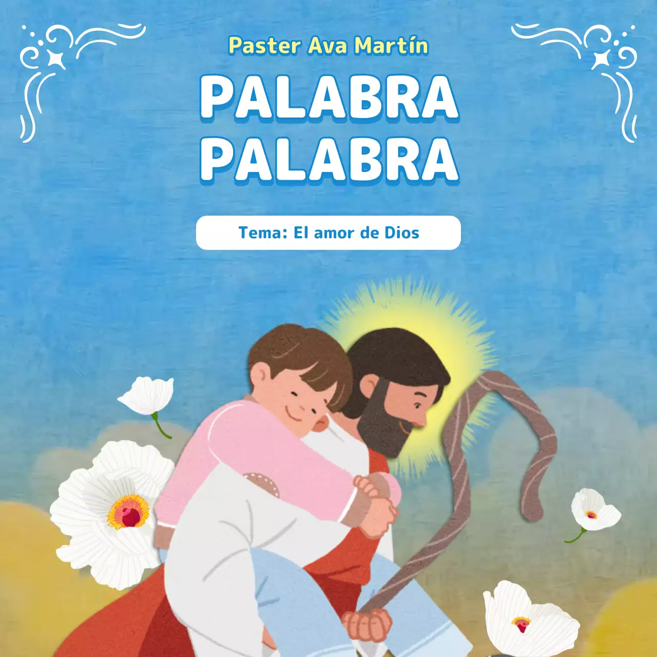 Boletín de culto en tonos azul claro con ilustraciones cristianas