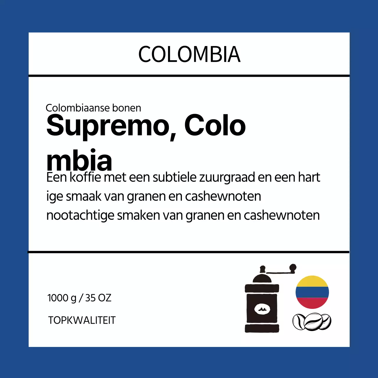 Keurig koffiebonenlabel met blauwe illustratie