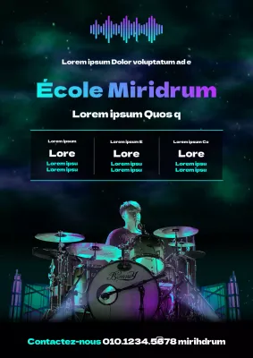 Thème promotionnel d'une aurore mystérieuse de couleur néon pour une école de batterie