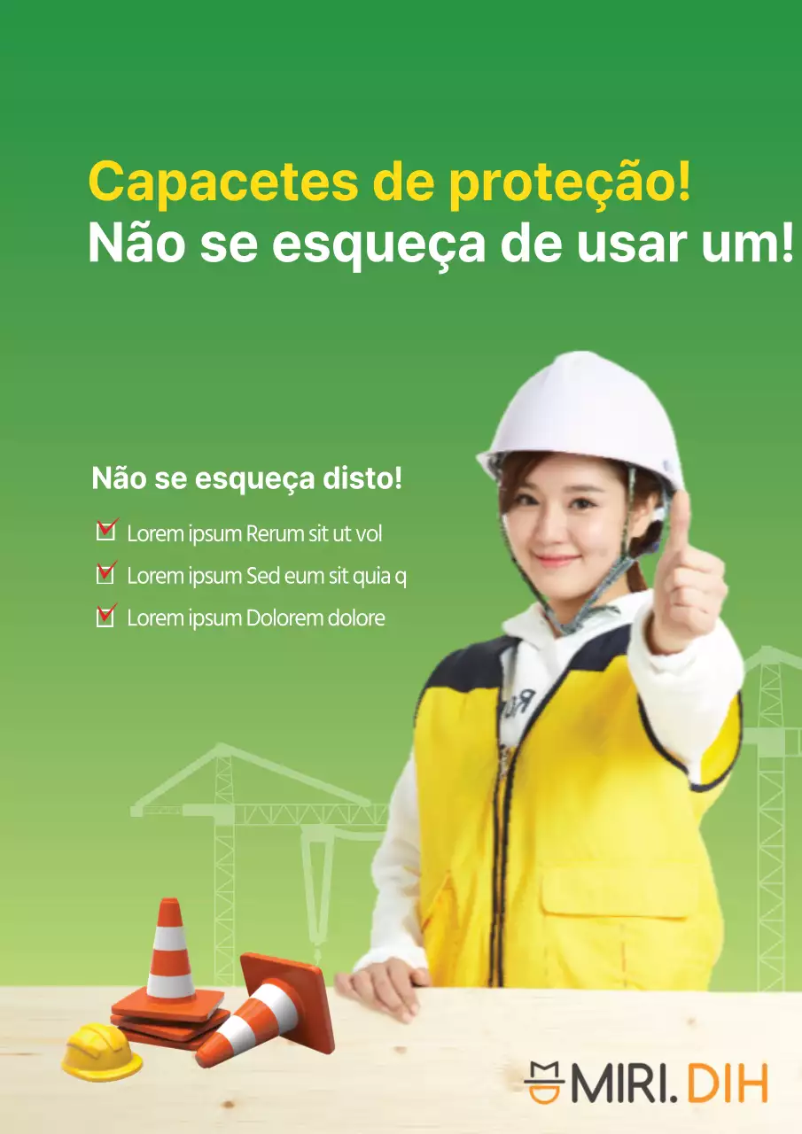 Conselhos de segurança para um estaleiro de construção arrumado com uma mulher de capacete verde