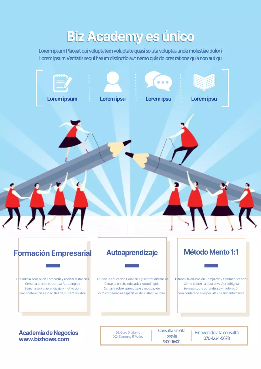 Promociona tu centro con una ilustración de estudiantes en azul