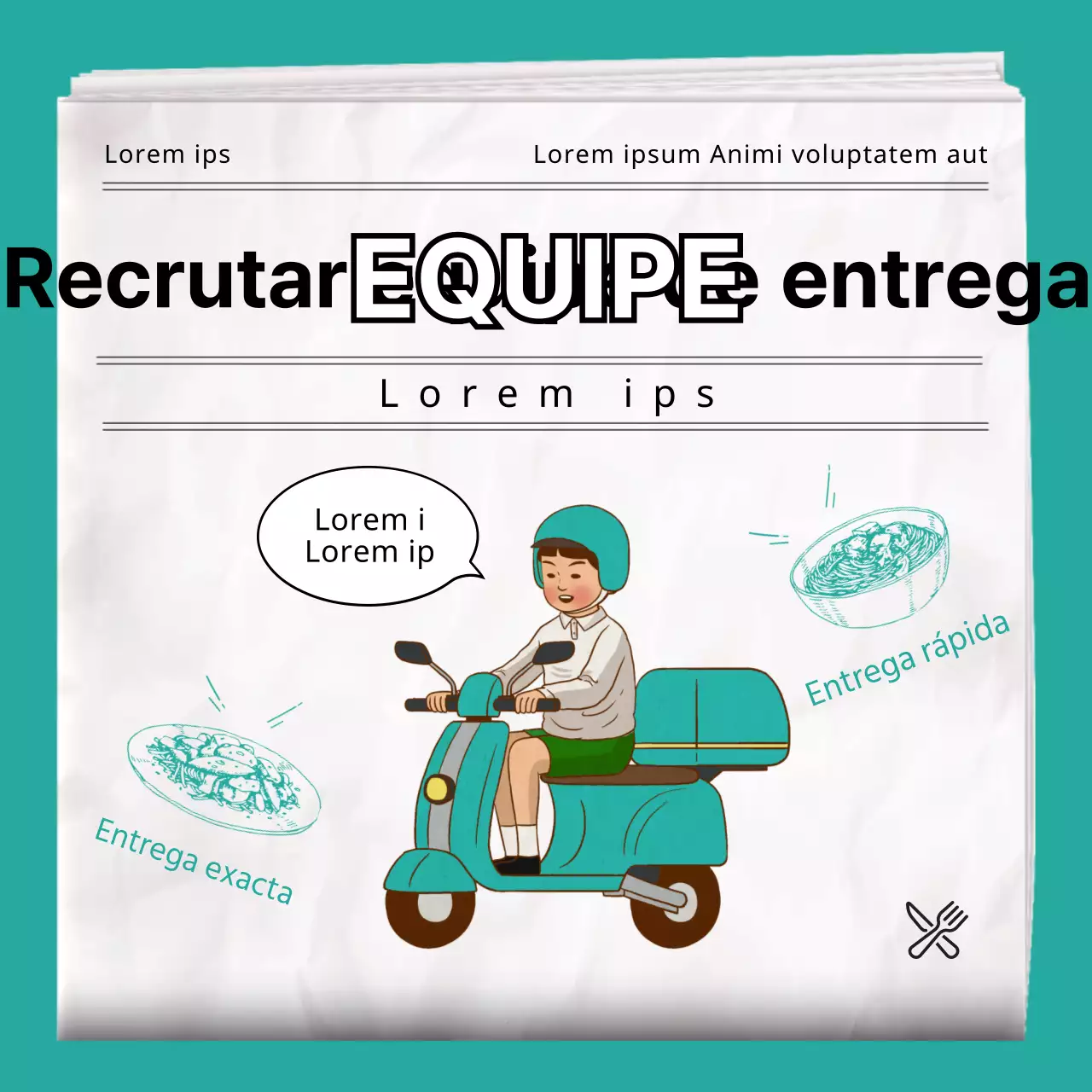 Conceito de ilustração retro de jornal cor de menta conceito de entrega de restaurante equipa de trabalho a tempo parcial