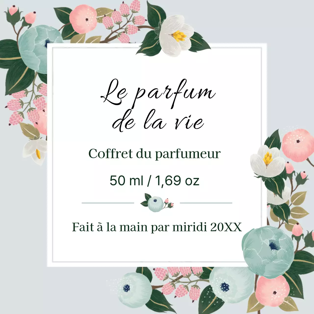 Étiquette de parfum vintage avec illustration bleue