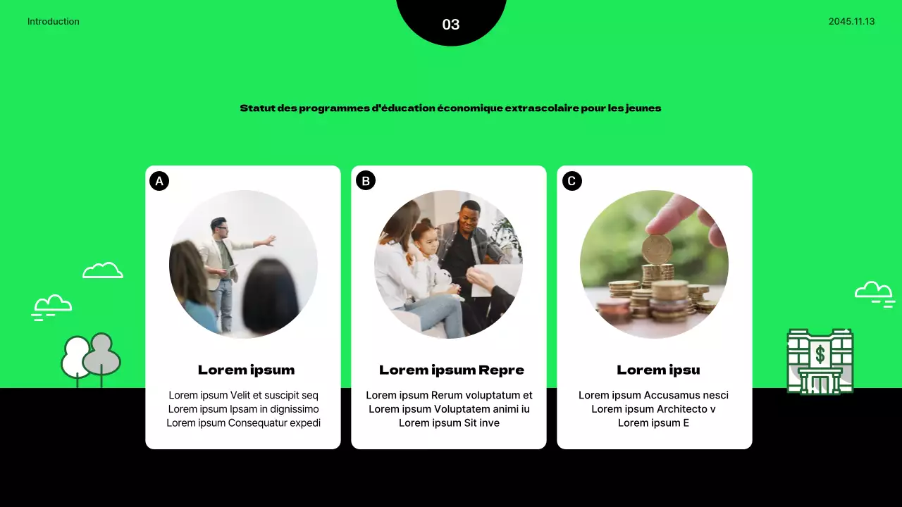 Présentation minimaliste de l'éducation économique des jeunes en vert lime et noir