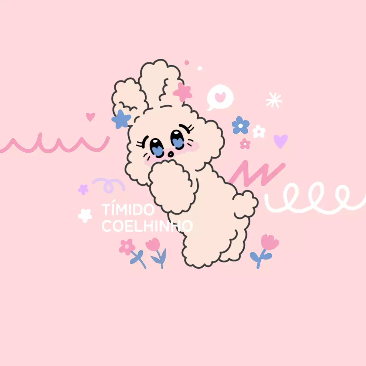 Mercadoria personalizada com várias formas e ilustrações florais em tons rosa e pastel e uma personagem de coelhinho muito gira.