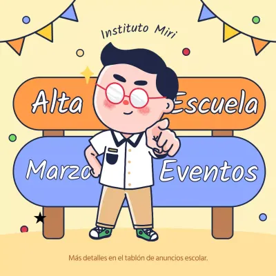 Anuncio de actos escolares en naranja y azul claro