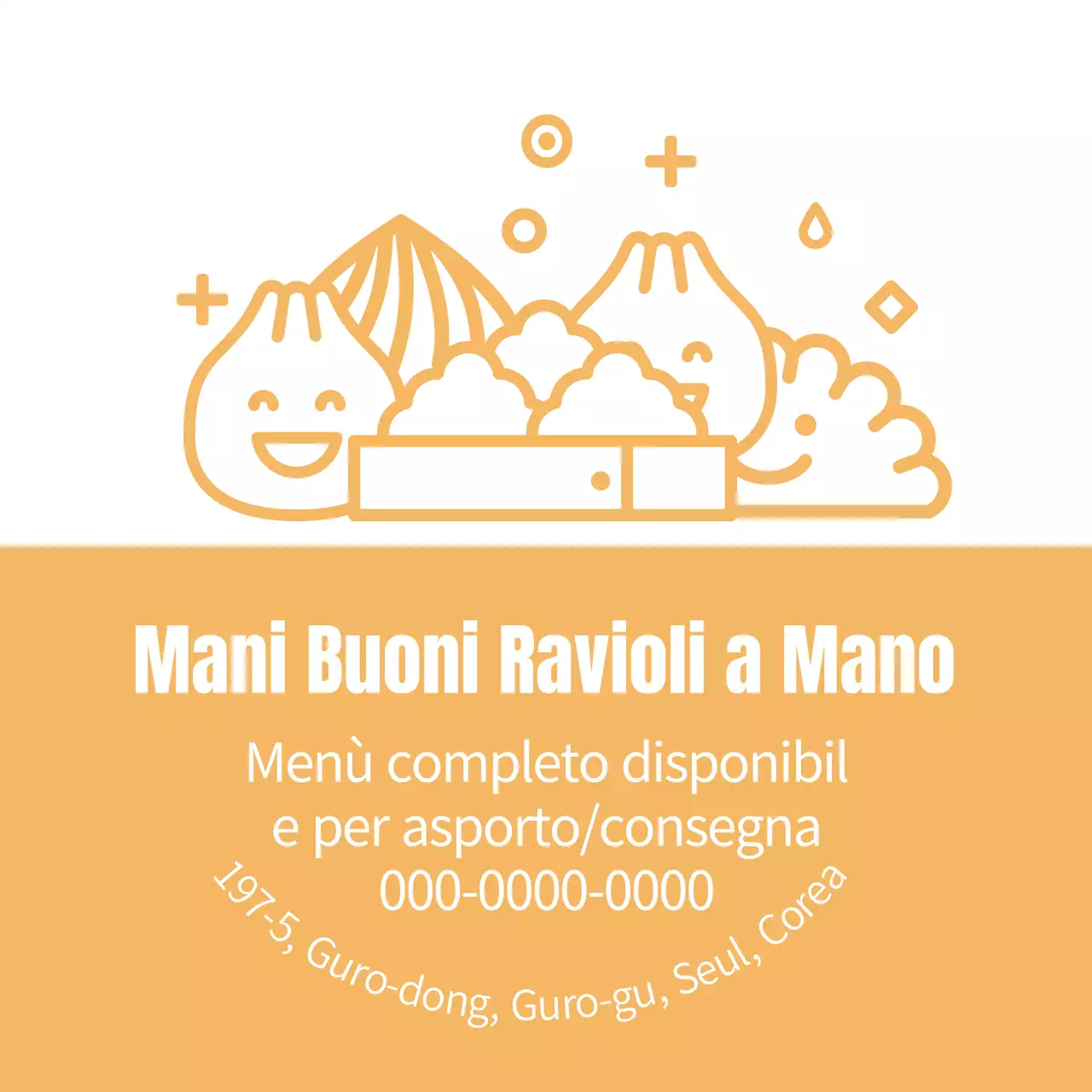 Illustrazione gialla simpatico ristorante gnocco etichetta promozionale