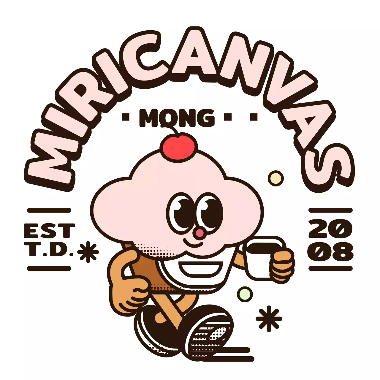 Logo d'un personnage de cupcake rond rose et marron pour un café