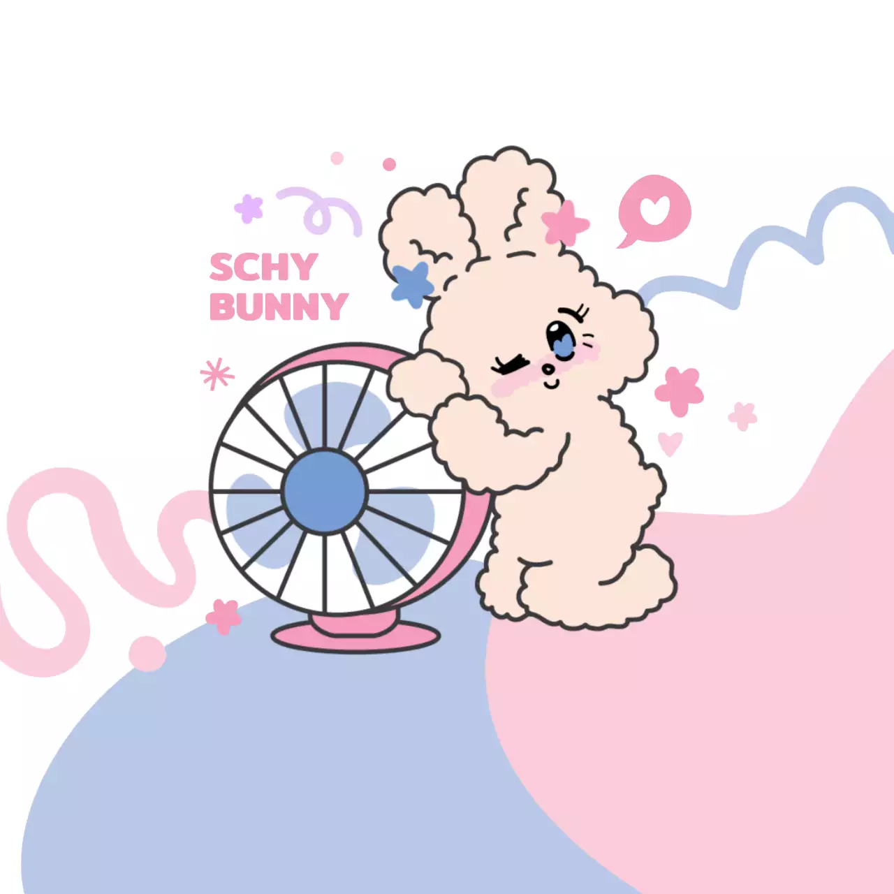 Gepersonaliseerde merchandise met schattige konijntjes en fanillustraties in roze en pastelkleuren.