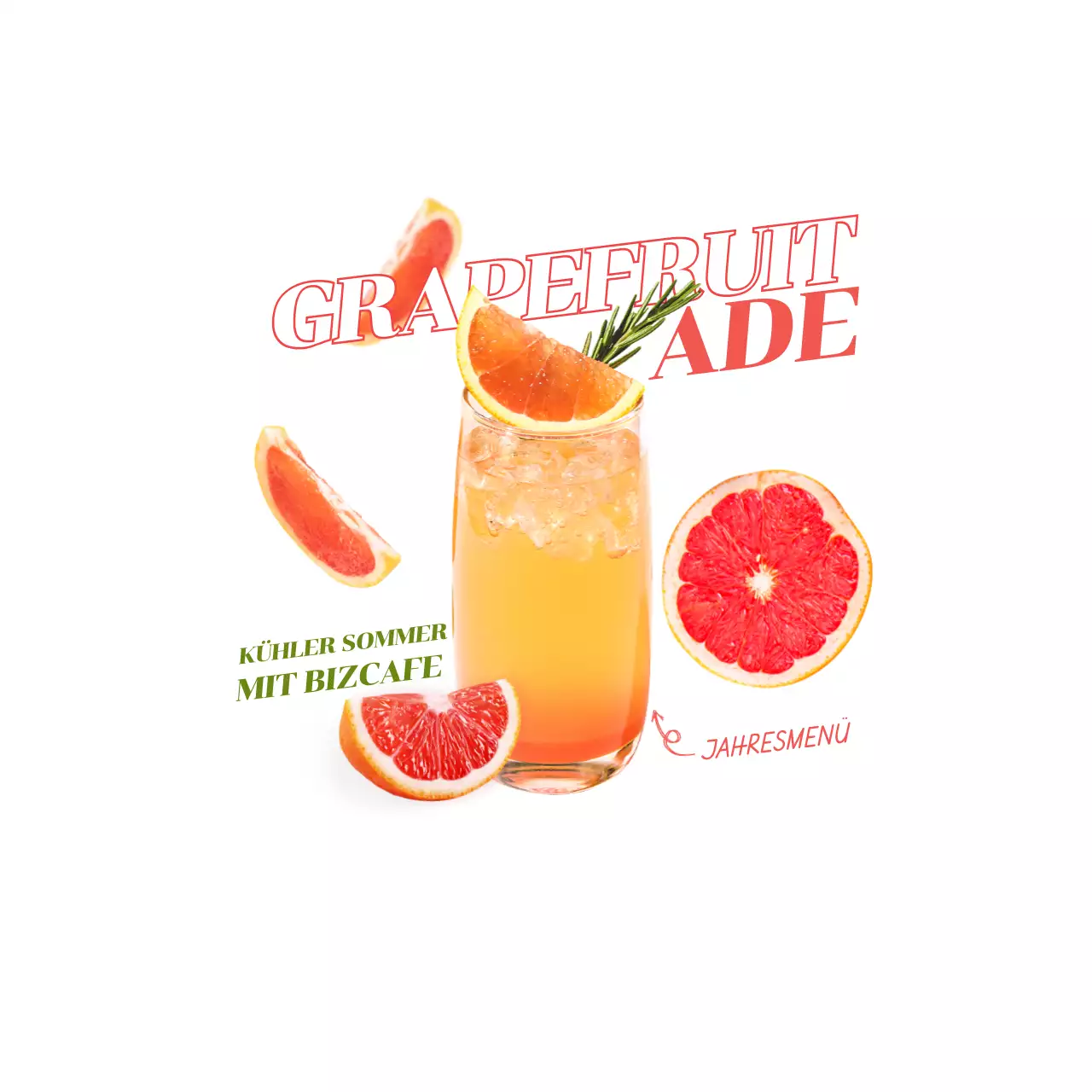 Bewerben Sie ein Getränk mit dem Bild einer Grapefruit und einem Grapefruit-Getränk in Rot.