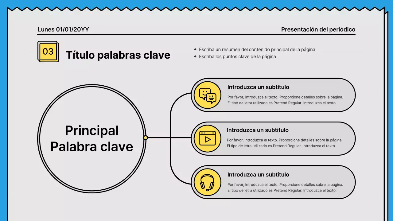 Líneas atrevidas y presentación llamativa en un concepto de periódico con acentos en amarillo y azul claro.