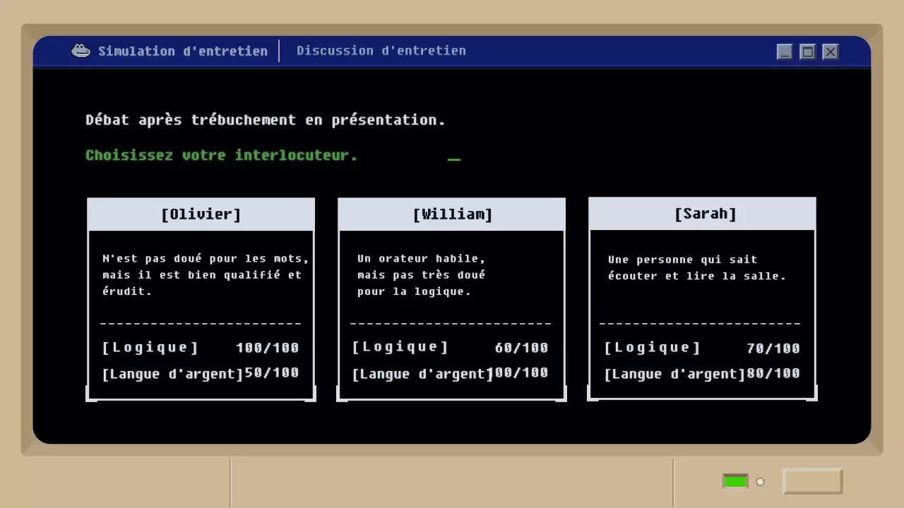 Simulation d'entretien d'embauche avec un concept de jeu de boue rétro noir