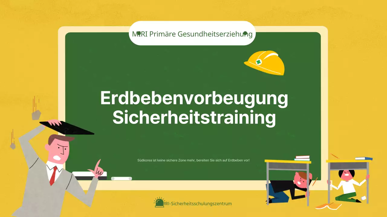 Sicherheitserziehung in Sachen Erdbeben- und Katastrophenschutz anhand von Illustrationen auf einer gelben und grünen Kreidetafel