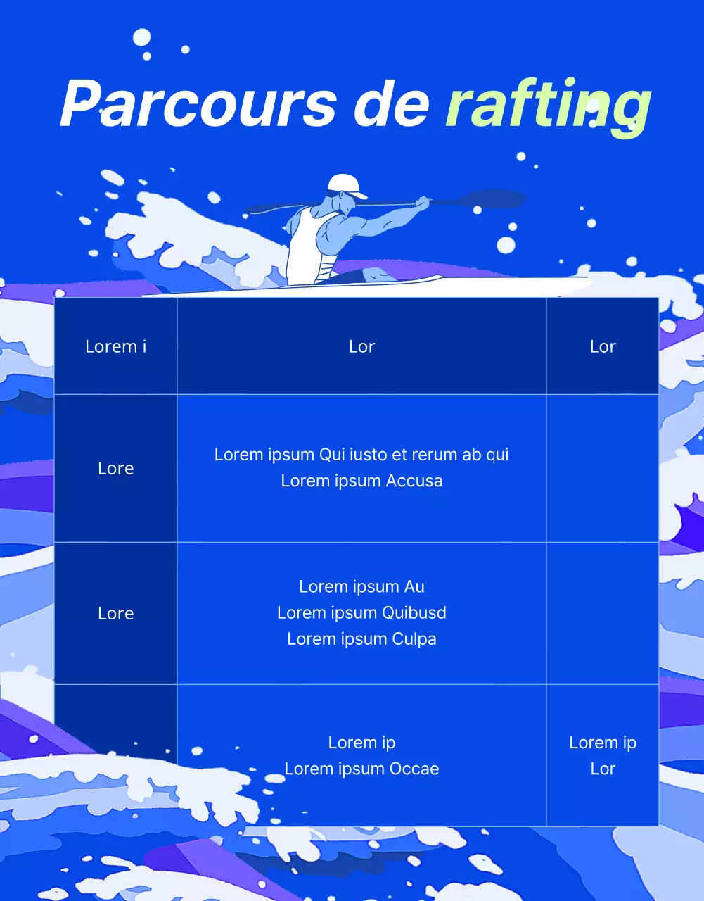 Promouvoir le rafting actif avec des éclaboussures d'eau sur fond bleu