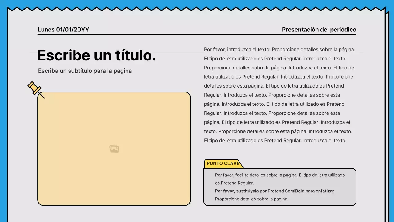 Líneas atrevidas y presentación llamativa en un concepto de periódico con acentos en amarillo y azul claro.
